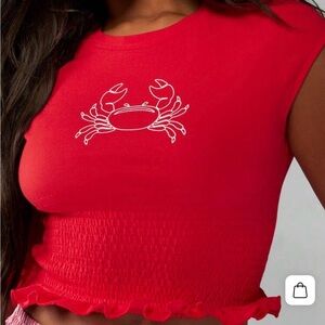 Missguided Red Crop Top with Crab Embroidery